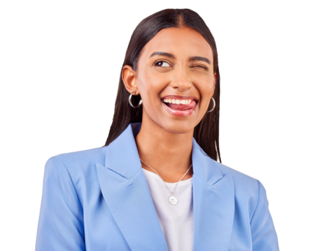 Funny, business woman and smile with wink and tongue out on isolated transparent png background. Happiness, female worker and creative with emoji and comedy face of a employee with modern fashion