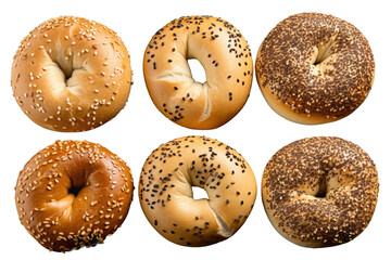 a collection of bagels isolated on a transparent background, generative ai