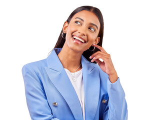 Happy business woman, thinking and idea for solution or problem solving isolated on a transparent...