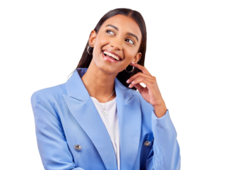 Happy business woman, thinking and idea for solution or problem solving isolated on a transparent PNG background. Face of female person, employee or model smile in wonder, decision or option choice