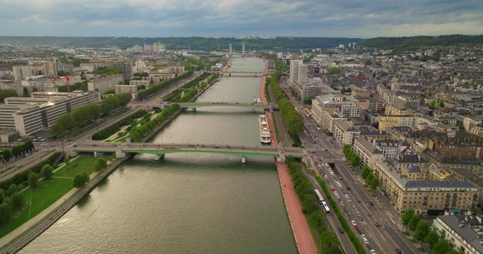 Rouen, France, Aerial view of the city panorama of Rouen at sunset. Old tourist town on the river Seine bank in France