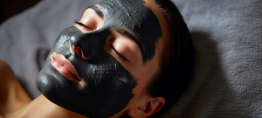 Woman is wearing a black charcoal facial mud mask for facial care while lying down, facial care, glowing face, facial treatment, purifying peeling mask at spa - obrazy, fototapety, plakaty