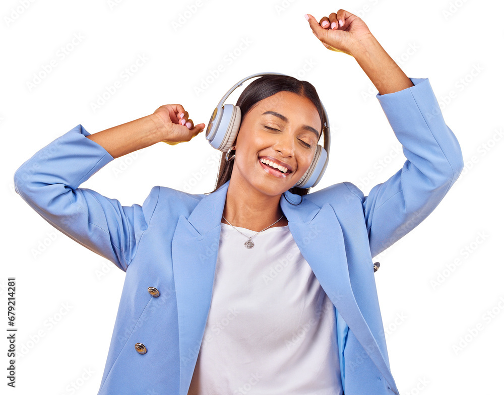 Poster Dancing to music, headphones and happy woman streaming audio, listen to song and sound. Radio, smile and Indian business person moving with energy or freedom isolated on a transparent png background