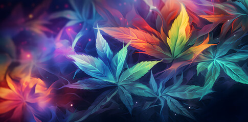 Fototapeta na wymiar Cannabis neon colors leaf plants on dark background wallpaper