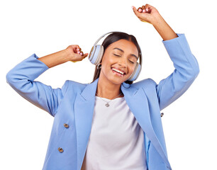 Dancing to music, headphones and happy woman streaming audio, listen to song and sound. Radio,...