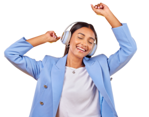 Dancing to music, headphones and happy woman streaming audio, listen to song and sound. Radio, smile and Indian business person moving with energy or freedom isolated on a transparent png background