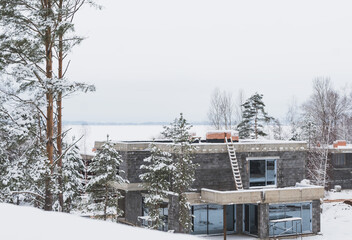 Private houses under construction in the winter forest