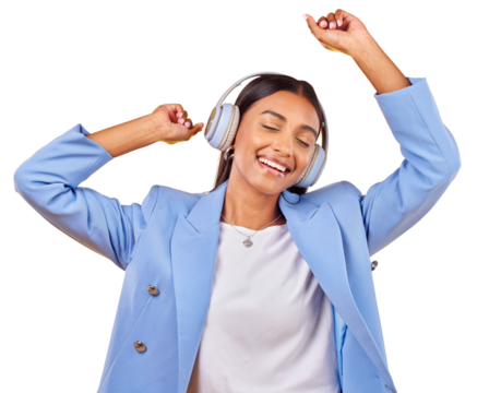 Dancing to music, headphones and happy woman streaming audio, listen to song and sound. Radio, smile and Indian business person moving with energy or freedom isolated on a transparent png background - Powered by Adobe