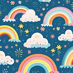 Childish seamless pattern background with colorful rainbows and clouds