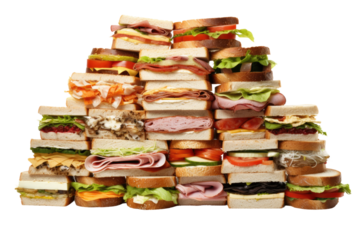 a huge collection or pile of deli sandwiches isolated on a transparent background, generative ai
