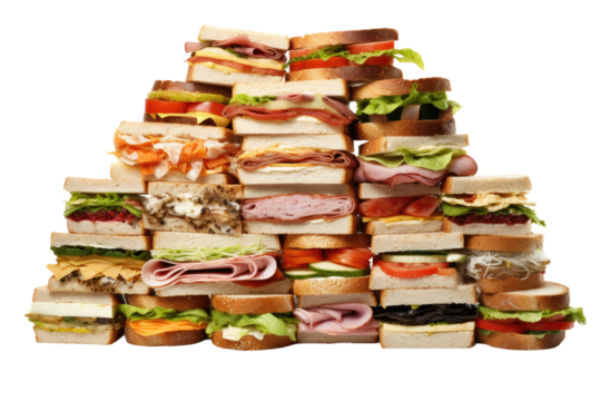 a huge collection or pile of deli sandwiches isolated on a transparent background, generative ai