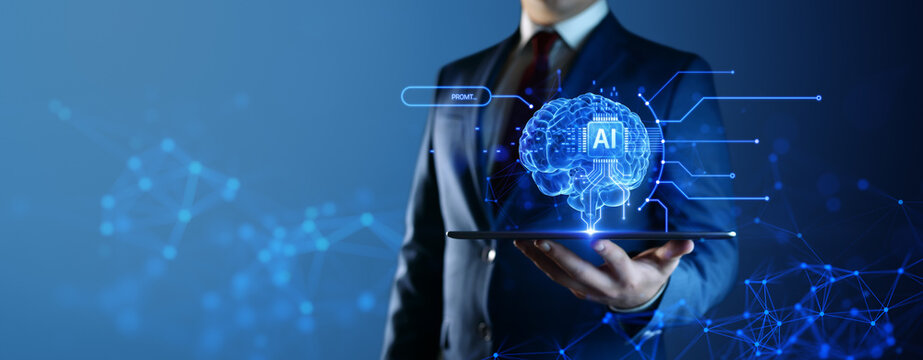 AI - Artificial Intelligence. Big Data and Deep Machine learning Concept. Digital Brain and Neural Networks Hologram. Business Internet Technology Concept
