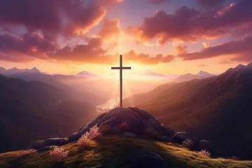 Foto auf Leinwand Creative religion concept. Cross at top of hill mountain with sunset ray dawn. glowing end clouds skies landscape. Christian religious © MaxSimplify