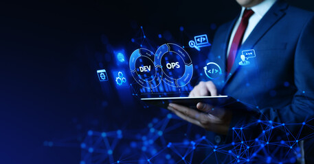 DevOps Dev Ops software development. Business Technology Automation Process Concept