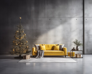 simple concrete interior, minimalistic loft design. Wide angle studio shot. Christmass tree. Yellow furniture