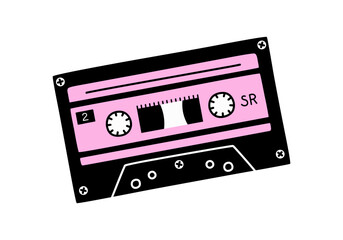 Fototapeta premium Hand drawn cute cartoon illustration of retro music cassette. Flat vector old audio tape sticker in simple colored doodle style. Sound record device icon or print. Black and pink colors. Isolated.