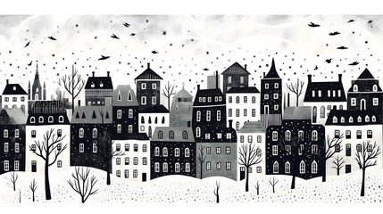 Obraz premium Snowy cozy city black and white graphic illustration
