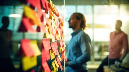 Business people looking at a board with post-its