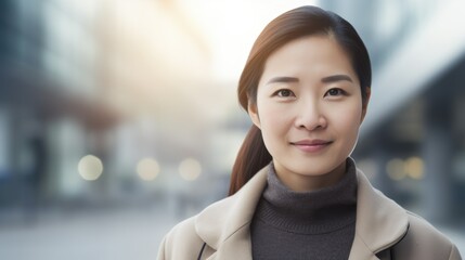 Asian businesswoman on a street with plazas
