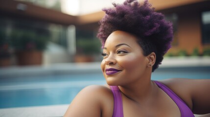 Overweight African woman in a purple sportswear by the pool