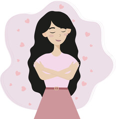 Girl in love. Happy woman hugging herself