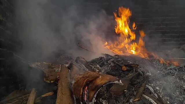 close up of burning wood