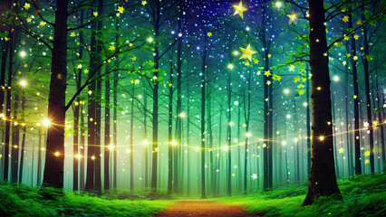 a forest under a starry night sky, filled with towering trees and shimmering star lights