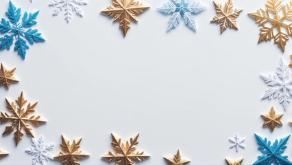 Fototapeta na wymiar a christmas background with gold, blue and white snowflakes