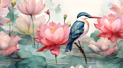 watercolor wallpaper pattern landscape of lotus flower with kingfisher with pink background