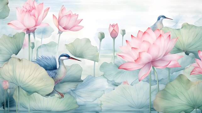 watercolor wallpaper pattern landscape of lotus flower with kingfisher with pink background