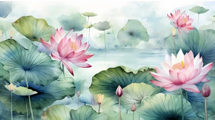 Draagtas watercolor wallpaper pattern landscape of lotus flower with kingfisher with pink background © Ziyan