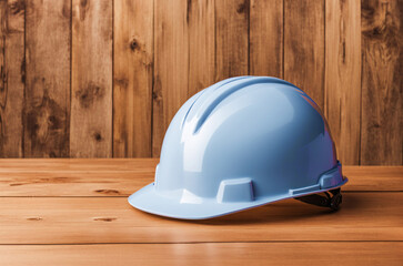 protective helmet of blue color on a wooden background