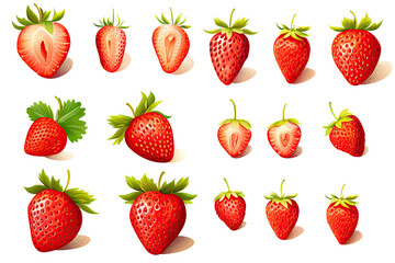 a collection of ripe strawberries isolated on a transparent background, generative ai