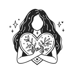 Girl with Heart in hands. Self care Feminine vector Illustrations. Mental Healthcare. Card, valentines card, Women s Day. Doodle style