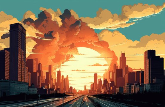 Vibrant Skyline Embraced by the Setting Sun Generative AI