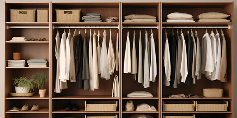Illustration of A spacious wardrobe methodically arranged with cloth,Stylish Closet Design with Methodical Arrangement