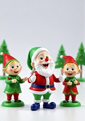 Fototapeta premium 3D Toy Of Santa Claus Singing Carols With Elves On A White Background.