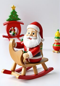 3D Toy Of Santa Claus Painting A Wooden Rocking Horse On A White Background.