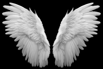 Two white angel wings isolated on black background - obrazy, fototapety, plakaty