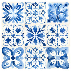 Fototapeta na wymiar Rustic blue tile watercolor seamless pattern. Pattern of azulejos tiles 