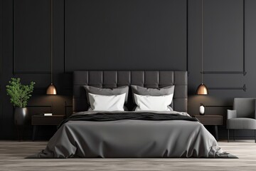 Bedroom with Sleek Black Walls and a Comfy Bed Generative AI