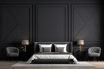 Serene Bedroom with Bold Black Walls and Elegant White Furniture Generative AI
