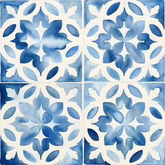 Rustic blue tile watercolor seamless pattern. Pattern of azulejos tiles 