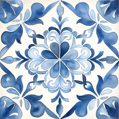 Fototapeta na wymiar Rustic blue tile watercolor seamless pattern. Pattern of azulejos tiles 