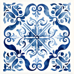 Rustic blue tile watercolor seamless pattern. Pattern of azulejos tiles 
