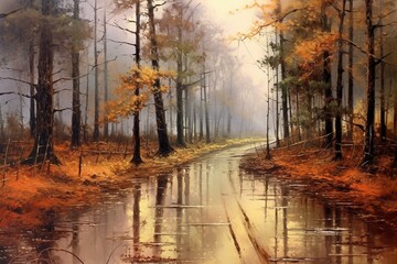Autumn landscape painting of a country road through a forest with puddles and fog. Generative AI