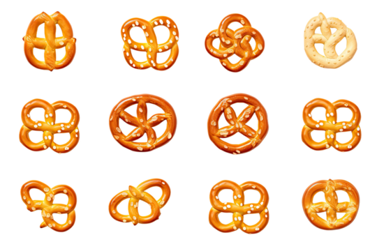 a collection of pretzels isolated on a transparent background, generative ai