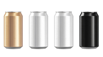 Aluminum slim cans in silver, white, black, gold isolated on transparent background