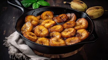 Homemade fried bananas foster with cinnamon in cast iron pan
