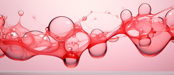 Pink  water drops of molecular structures falling on white background